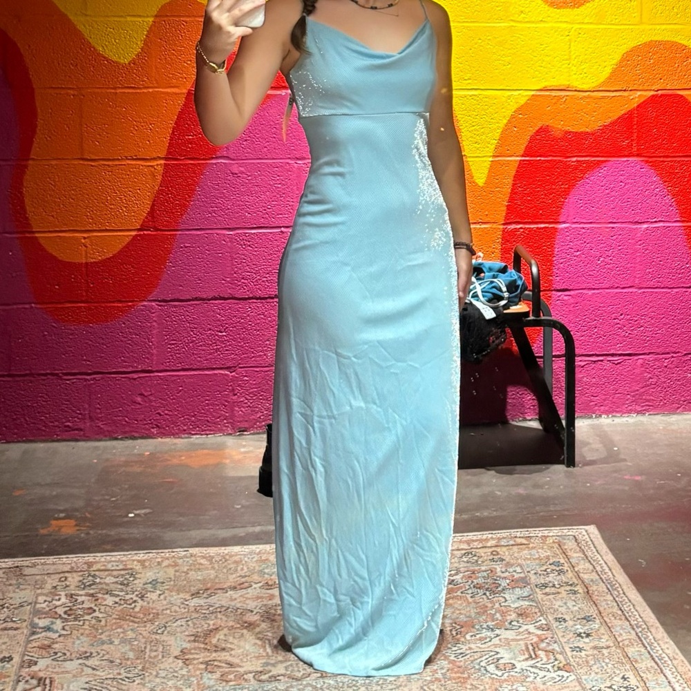 Teel blue sparkly floor length formal dress